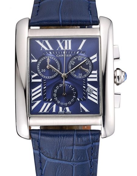 Cartier Tank MC Blue Dial Stainless Steel Case Blue Leather Bracelet  622691