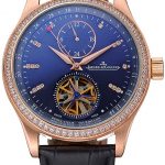 Jaeger-LeCoultre Master Tourbillon Dualtime Black Dial Gold Case With Diamonds Brown Leather Strap  622783