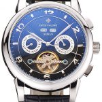 Patek Philippe Perpetual Calendar Tourbillon Black Dial Stainless Steel Case Black Leather Strap