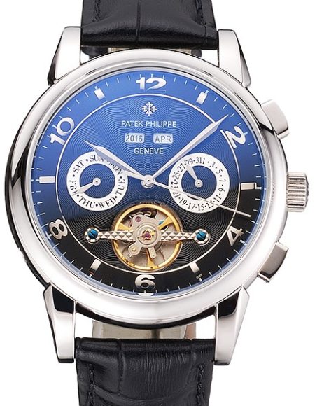Patek Philippe Perpetual Calendar Tourbillon Black Dial Stainless Steel Case Black Leather Strap