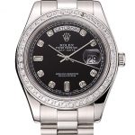 Swiss Rolex Day-Date Black Dial Diamond Case Diamond Numerals Stainless Steel Bracelet 1453966