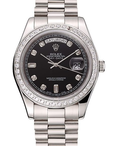 Swiss Rolex Day-Date Black Dial Diamond Case Diamond Numerals Stainless Steel Bracelet 1453966