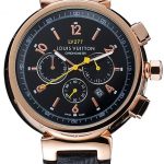 Louis Vuitton Tambour Chronograph Black Dial Rose Gold Case Black Leather Strap