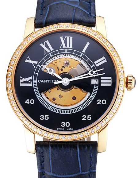 Swiss Cartier Rotonde Small Complication Blue Dial Gold Diamond Case Blue Leather Strap