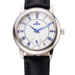 Omega De Ville Prestige Small Seconds White Dial Blue Numerals Stainless Steel Case Black Leather Strap