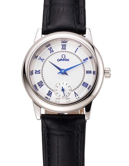 Omega De Ville Prestige Small Seconds White Dial Blue Numerals Stainless Steel Case Black Leather Strap