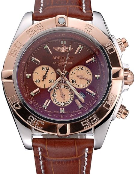 Breitling Chronomat Brown Dial Rose Gold Bezel And Subdials Stainless Steel Case Brown Leather Strap