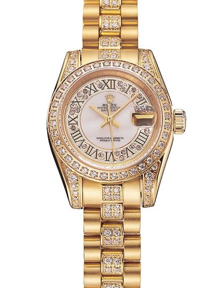 Swiss Rolex DayJust Diamond Pave White Dial Gold Diamond Bracelet 1453957