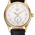 Swiss Rolex Cellini White Dial Gold Case Black Leather Strap