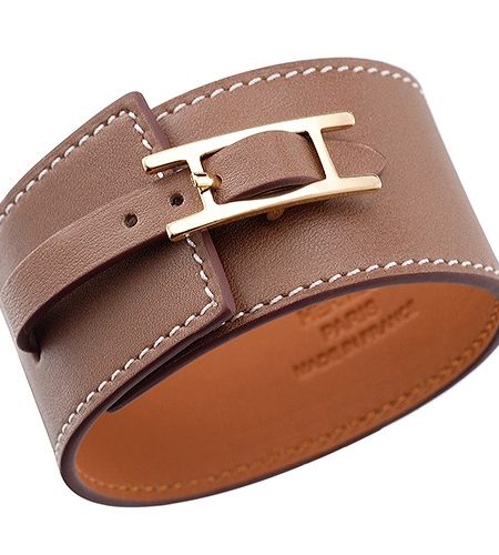 Hermes Hapi Wide Taupe Leather Gold Hardware Bracelet 700601