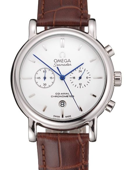 Omega Seamaster Vintage Chronograph White Dial Stainless Steel Case Brown Leather Strap
