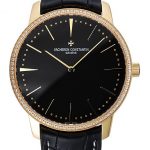 Swiss Vacheron Constantin Patrimony Grand Taille Black Dial Gold Diamond Case Black Leather Bracelet 1454183