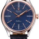 Rolex Cellini Blue Dial Gold Bezel Stainless Steel Case Black Leather Strap  622841
