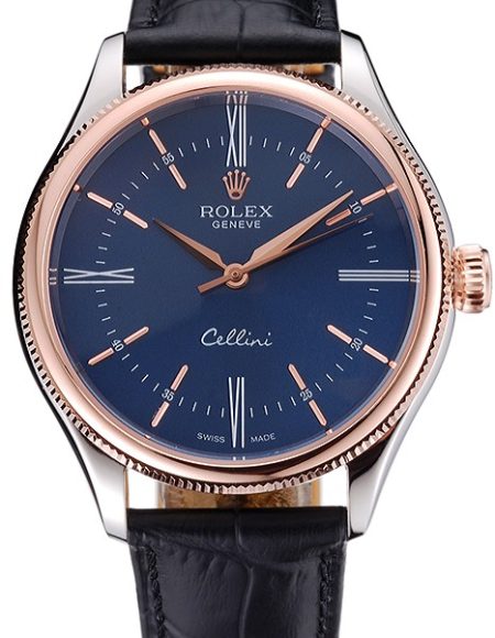 Rolex Cellini Blue Dial Gold Bezel Stainless Steel Case Black Leather Strap  622841