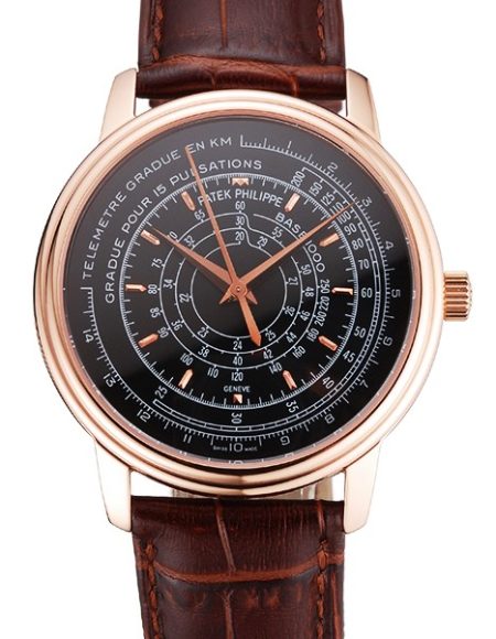 Swiss Patek Philippe Multi-Scale Chronograph Black Dial Rose Gold Case Brown Leather Strap