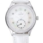Omega DeVille Prestige White Dial Silver Diamond Case White Leather Bracelet  1454119