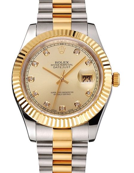 Swiss Rolex Datejust Gold Dial And Bezel Stainless Steel Case Two Tone Bracelet