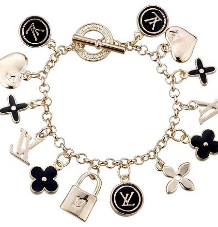 Louis Vuitton Replica Black Enameled Classic LV Monogram Gold Charm Bracelet 2165-82