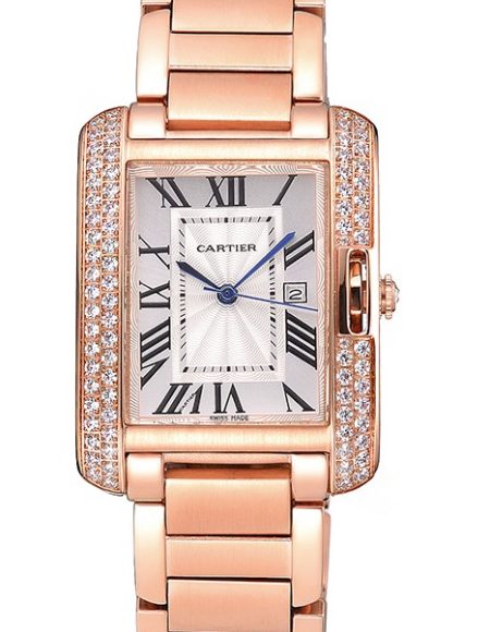 Cartier Tank Anglaise 30mm White Dial Diamonds Rose Gold Case Rose Gold Bracelet