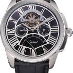 Cartier Calibre Tourbillon Black Dial Stainless Steel Case Black Leather Strap  622752