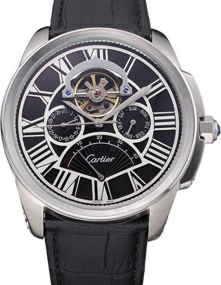 Cartier Calibre Tourbillon Black Dial Stainless Steel Case Black Leather Strap  622752