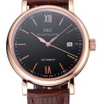 Swiss IWC Portofino Gold Case Black Dial Brown Leather Bracelet  622669