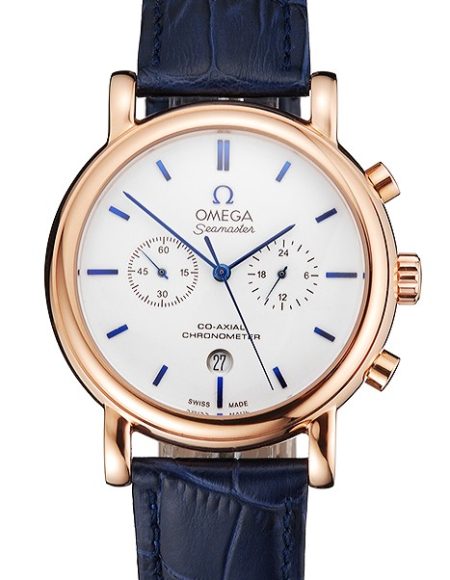 Omega Seamaster Vintage Chronograph White Dial Blue Hour Marks Rose Gold Case Blue Leather Strap