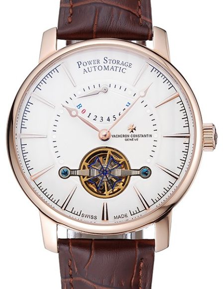 Vacheron Constantin Tourbillion Power Reserve White Dial Gold Case Brown Leather Bracelet  1454274