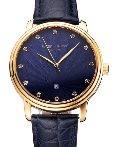 Patek Philippe Calatrava Date Blue Guilloche Dial Gold Case Blue Leather Strap
