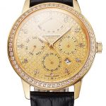 Swiss Vacheron Constantin Traditionnelle Power Reserve Gold Dial And Case Diamond Bezel Black Leather Strap