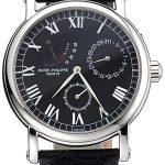 Patek Philippe Geneve Complications Black Dial Stainless Steel Bezel Black Leather Band   622141