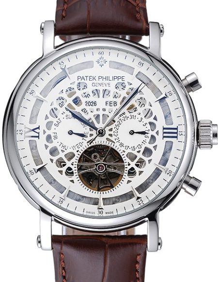 Patek Philippe Grand Complications Annual Calendar White Dial Silver Case Brown Leather Bracelet  1454233