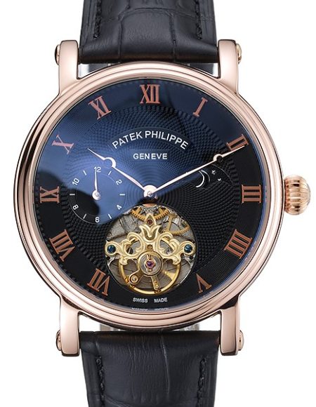 Patek Philippe Complications Moonphase Tourbillon Black Dial Rose Gold Case Black Leather Strap