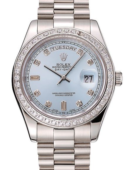 Swiss Rolex Day-Date Ice Blue Dial Diamond Case Diamond Numerals Stainless Steel Bracelet 1453963