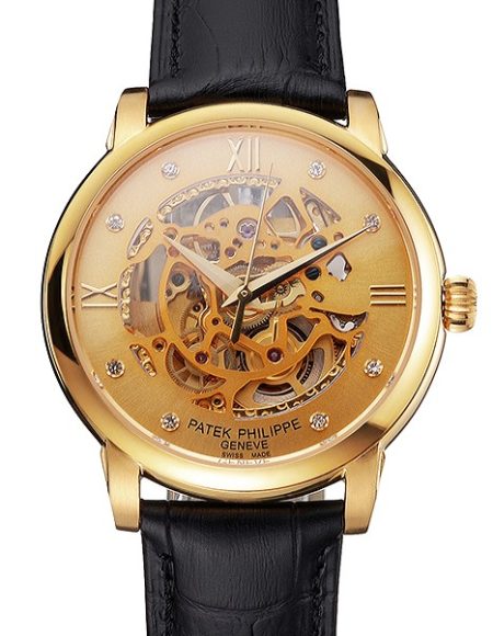 Swiss Patek Philippe Complications Openworked Dial Gold Case Black Leather Strap