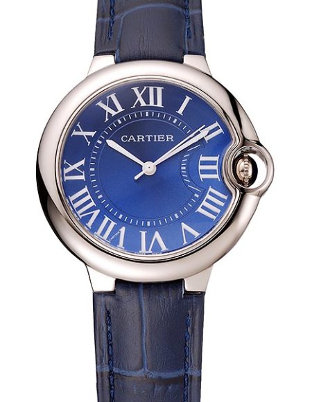 Cartier Ballon Bleu Silver Bezel with Dark Blue Dial and Dark Blue Leather Band   621555