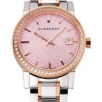 Burberry The City Pink Dial Rose Gold Diamond Bezel Stainless Steel Case Two Tone Bracelet
