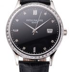 Swiss Patek Philippe Calatrava Black Dial Diamond Bezel Stainless Steel Case Black Leather Strap