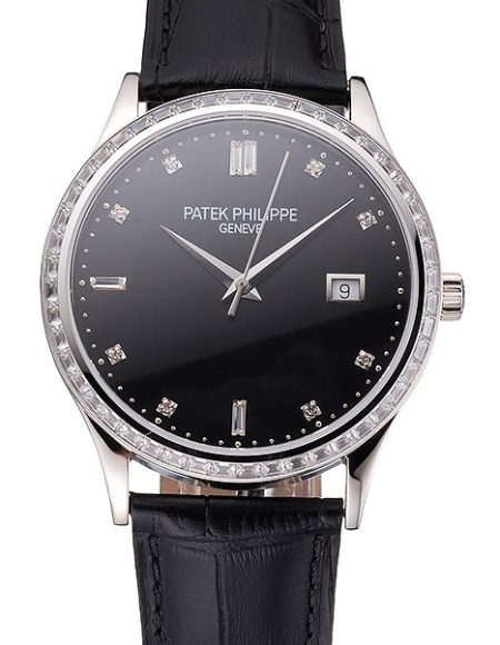Swiss Patek Philippe Calatrava Black Dial Diamond Bezel Stainless Steel Case Black Leather Strap