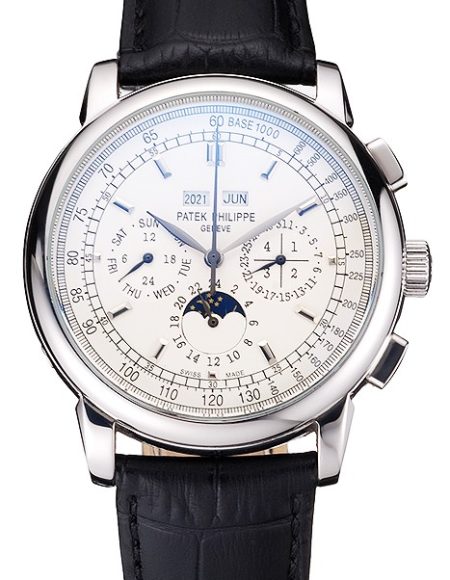 Patek Philippe Grand Complications White Dial Black Leather Bracelet