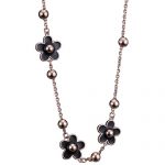 Van Cleef and Arpels Replica Black Enamel Floral Charm & Silver Beads Heavy Chain Necklace