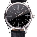 Swiss Rolex Cellini Black Dial Roman Numerals Stainless Steel Case Black Leather Strap