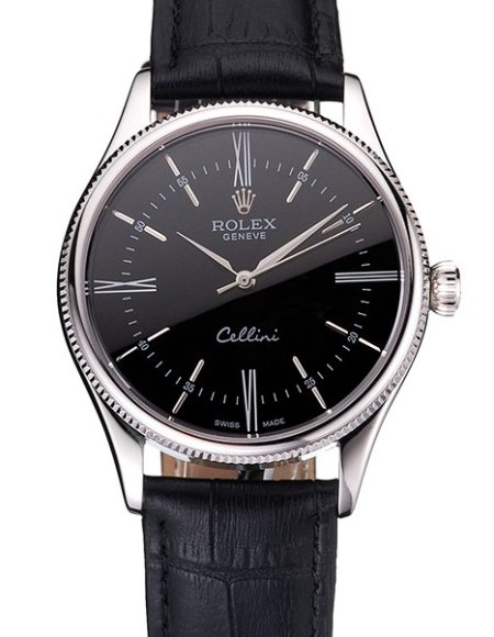 Swiss Rolex Cellini Black Dial Roman Numerals Stainless Steel Case Black Leather Strap