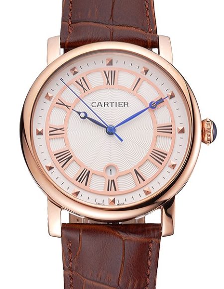 Cartier Rotonde Date White Dial Rose Gold Case Brown Leather Strap