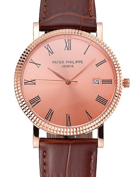 Patek Philippe Calatrava Rose Gold Dial Roman Numerals Ribbed Bezel Rose Gold Case Brown Leather Strap
