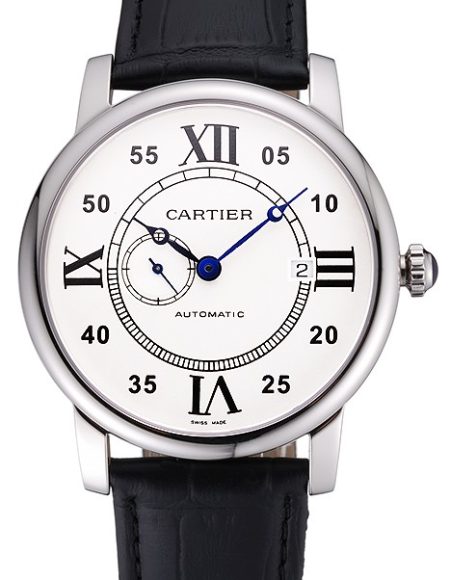 Swiss Cartier Rotonde Solo White Dial Silver Case Black Leather Strap