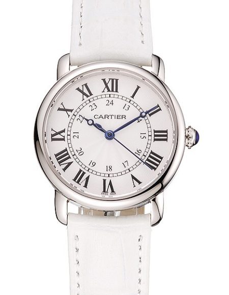 Cartier Ronde White Dial Stainless Steel Case White Leather Strap