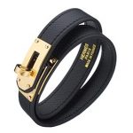Hermes Replica Double Wrap Strap Brass Turnlock Closure Black Leather Bracelet