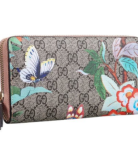 Gucci Tian GG Supreme Canvas Zip Around Wallet With Pink Trim 18927129
