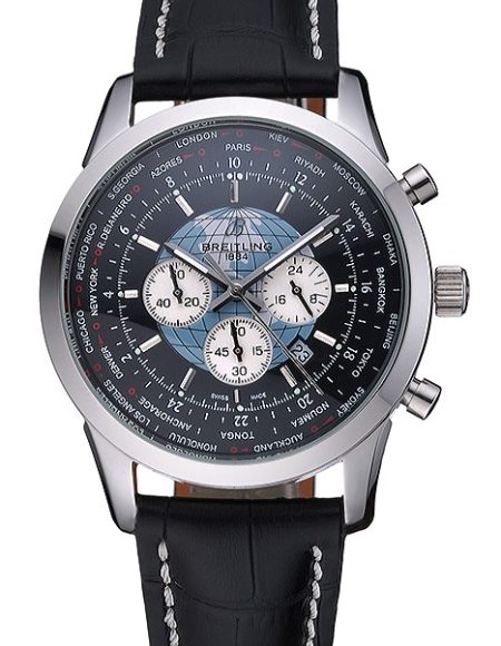 Breitling Transocean Chronograph Unitime Black Dial Stainless Steel Case Black Leather Bracelet 622242
